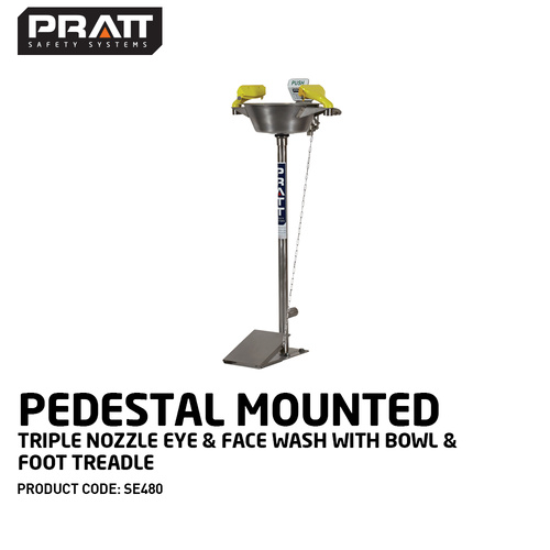 Pratt™ Pedestal Mounted Triple Nozzle Eye & Face Wash With Bowl & Foot Treadle